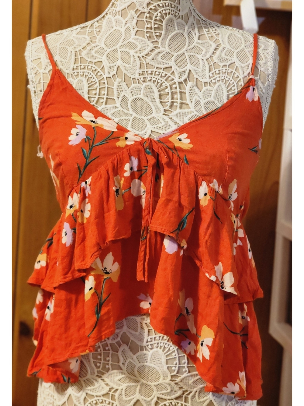 Jack by BB Dakota Orange Floral Tiered Ruffle Tie-Front Cami Top